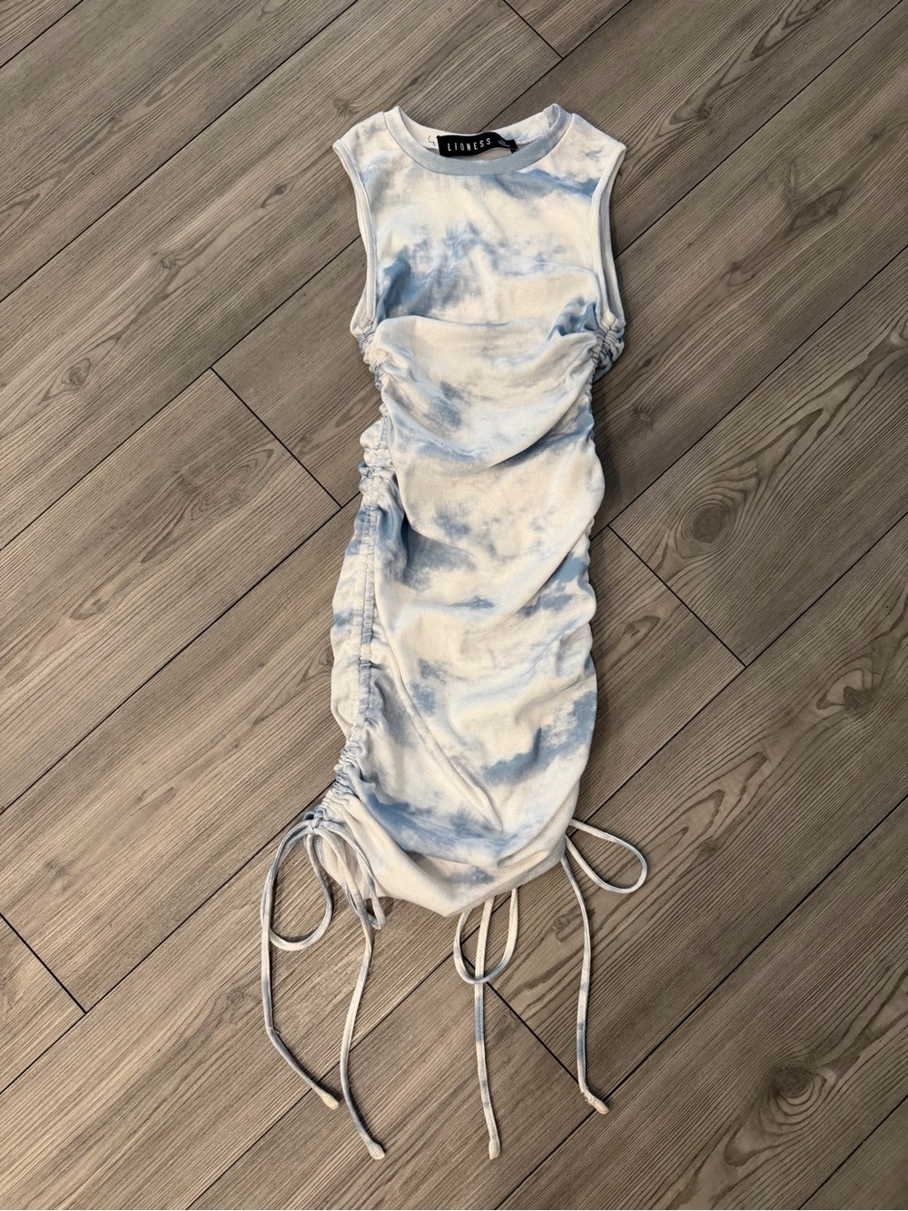 Lioness Blue and White Tie-Dye Ruched Mini Dress XS